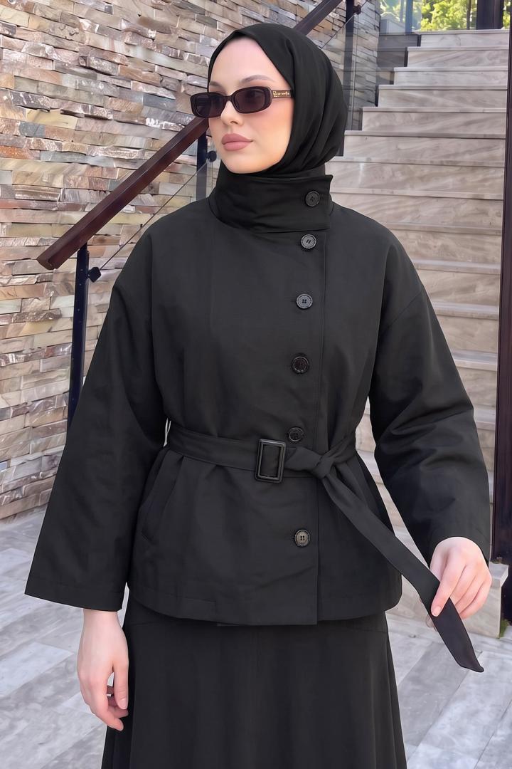Kemerli Trençkot 202723 - SİYAH | Salih Çelebi 