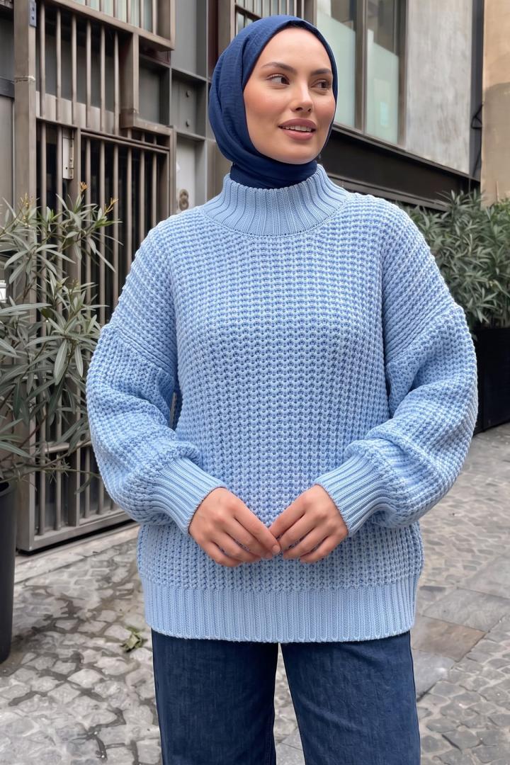 Örgü Detay Triko Kazak T2627 - BEBE MAVİSİ | Salih Çelebi 