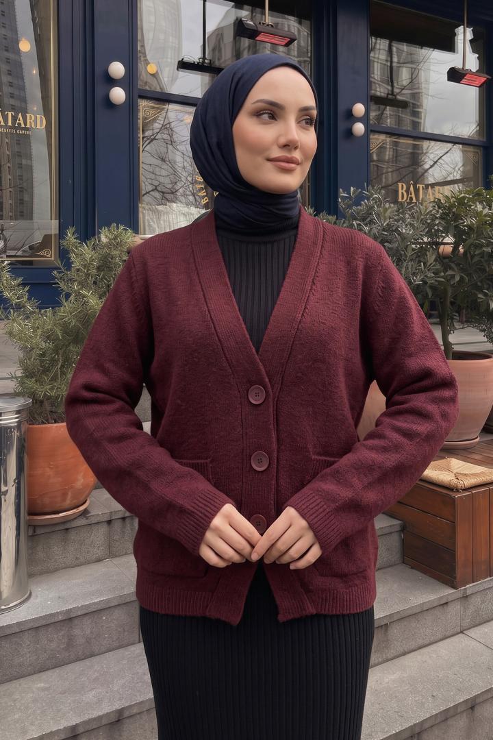 V Yaka Düğmeli Triko Hırka T2629 - BORDO | Salih Çelebi 