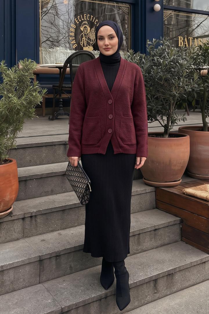 V Yaka Düğmeli Triko Hırka T2629 - BORDO | Salih Çelebi 