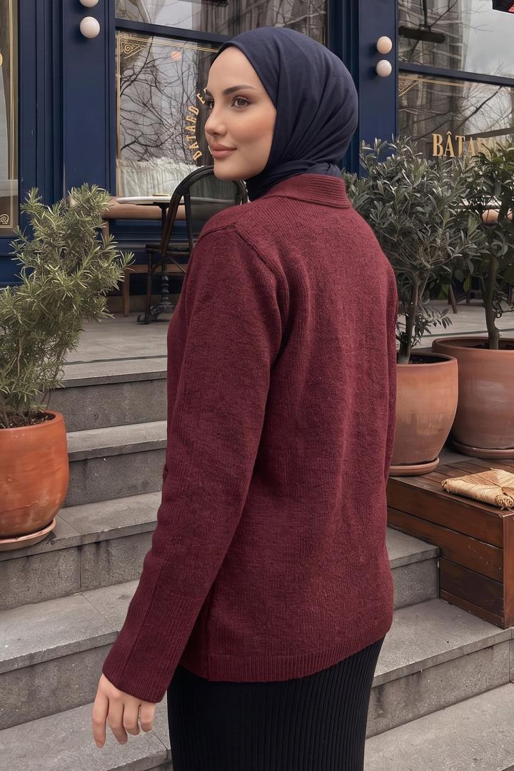 V Yaka Düğmeli Triko Hırka T2629 - BORDO | Salih Çelebi 