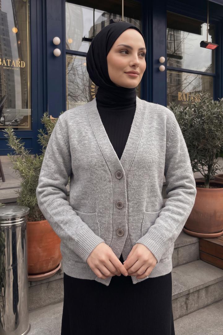 V Yaka Düğmeli Triko Hırka T2629 - GRİ | Salih Çelebi 