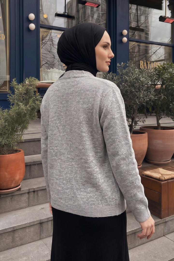 V Yaka Düğmeli Triko Hırka T2629 - GRİ | Salih Çelebi 