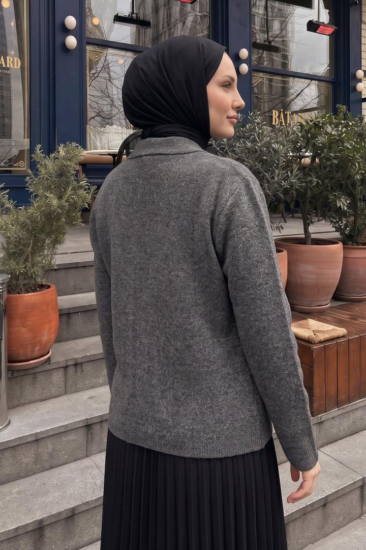 V Yaka Düğmeli Triko Hırka T2629 - ANTRASİT | Salih Çelebi 