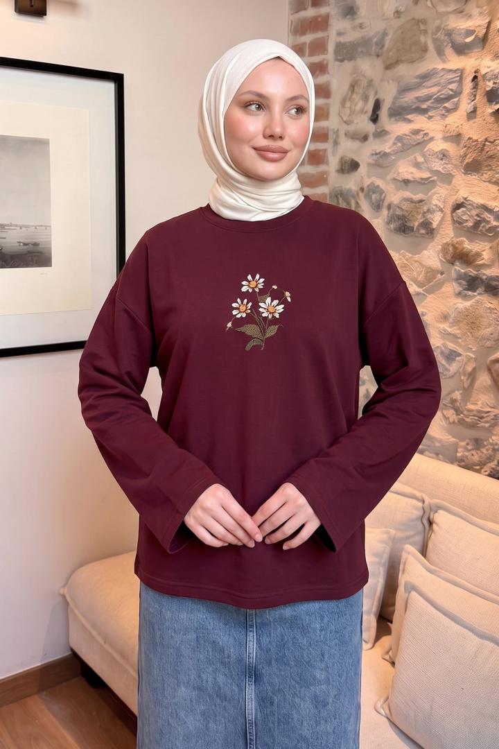 Papatya Nakışlı Tunik 13252 - BORDO | Salih Çelebi 