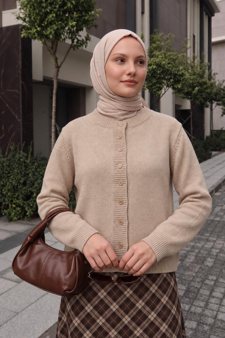 Bisiklet Yaka Triko Hırka T2631 - BEJ  | Salih Çelebi 