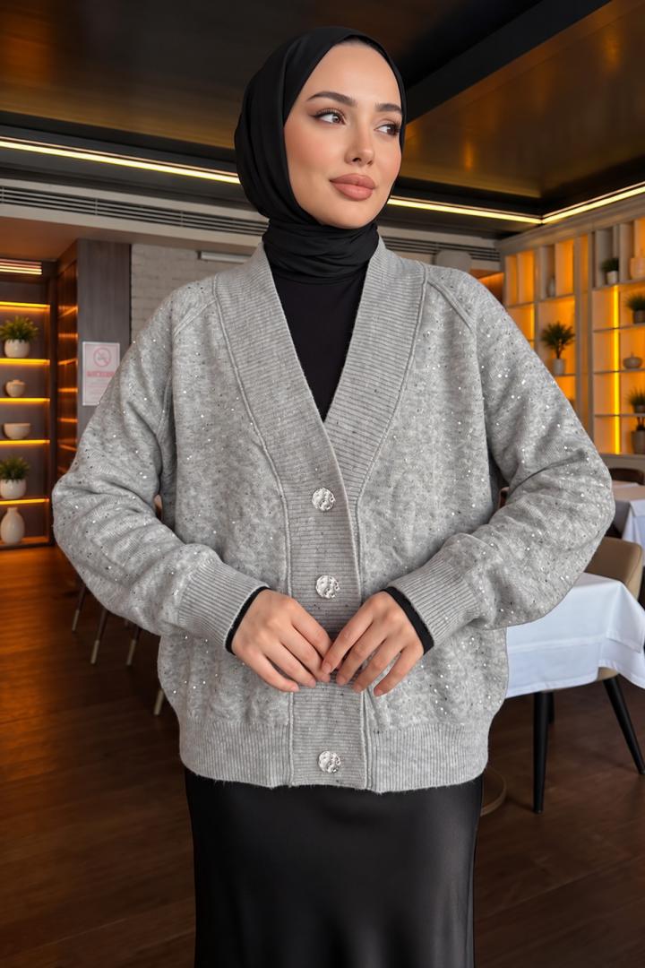 Parıltılı Triko Hırka T2639 - GRİ | Salih Çelebi 
