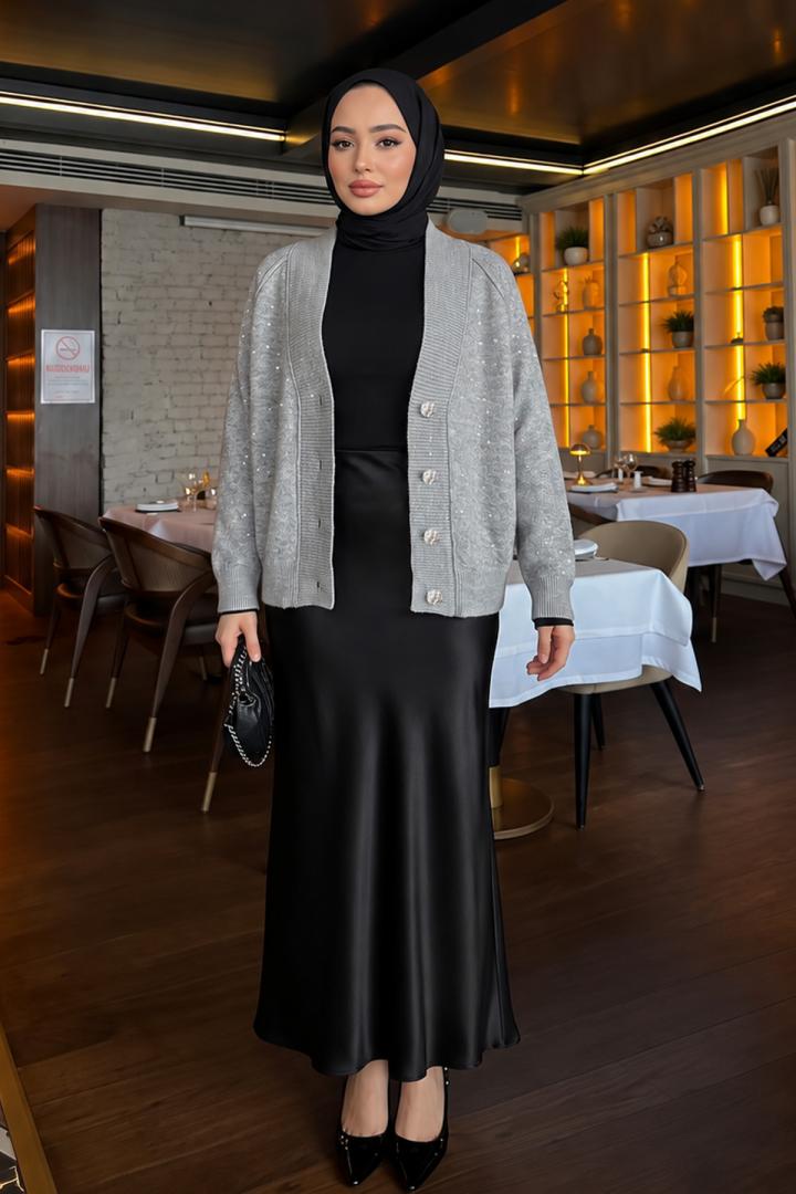 Parıltılı Triko Hırka T2639 - GRİ | Salih Çelebi 
