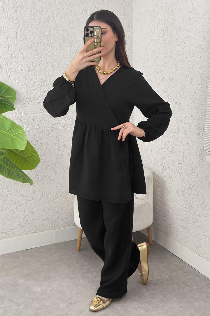 Çapraz Bağlamalı Kimono Takım 43457 - SİYAH | Salih Çelebi 