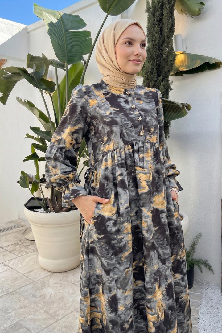 Batik Desen Viscon Elbise 2310 - ANTRASİT |  