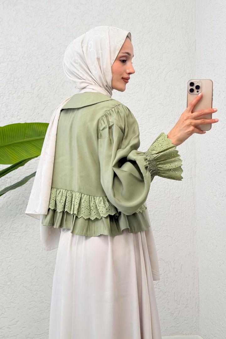 Nervürlü Bebe Yaka Gömlek 2279 - AÇIK HAKİ | Salih Çelebi 