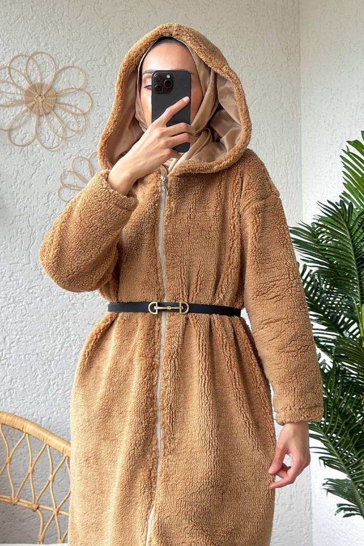 2183 Kapüşonlu Uzun Peluş Kap - CAMEL |  