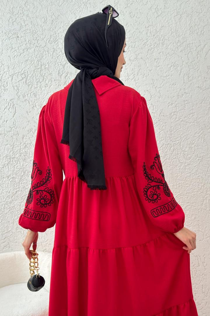 Nakışlı Kat Kat Elbise 2224 - KIRMIZI | Salih Çelebi 