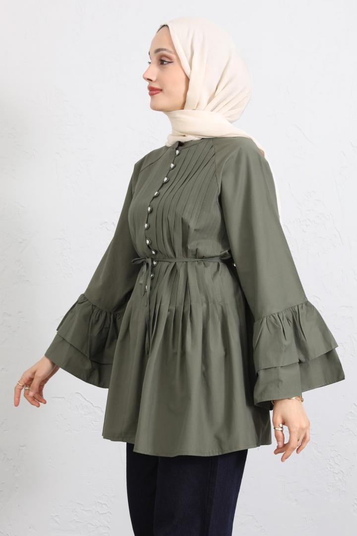 Volan Kollu Nervürlü Tunik Y0104 - HAKİ |  