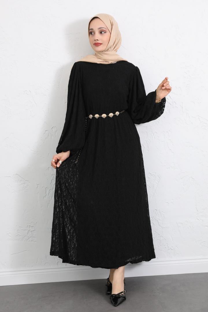 Dantelli Zincir Kemerli Elbise Y0118 - SİYAH |  