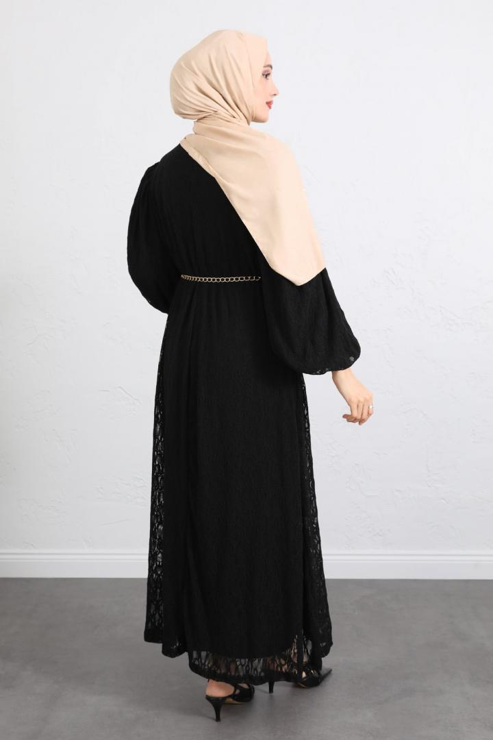 Dantelli Zincir Kemerli Elbise Y0118 - SİYAH |  