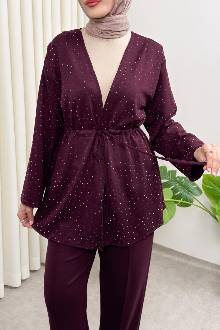 Taş Detaylı Bağcıklı Kimono Takım 51712 - BORDO |  