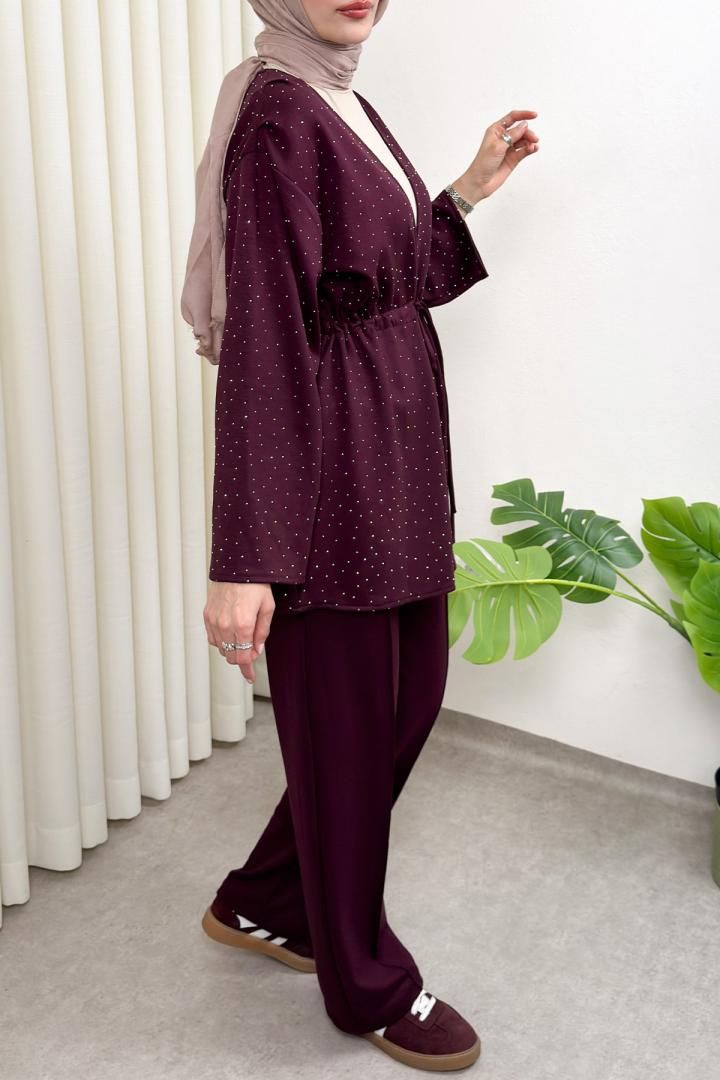 Taş Detaylı Bağcıklı Kimono Takım 51712 - BORDO |  
