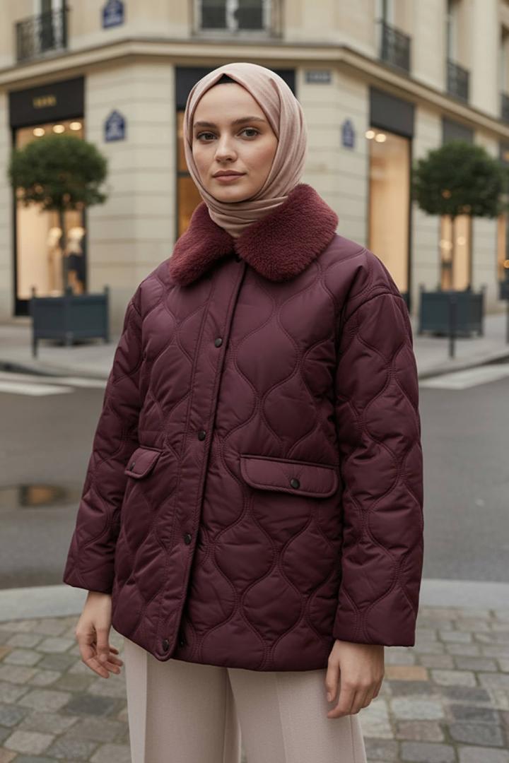 Yakası Kürklü Şişme Mont 5904 - KOYU BORDO |  