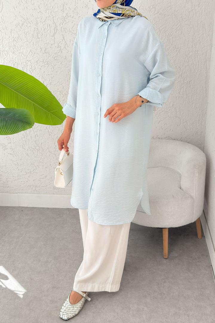 Düğmeli Uzun Tesettür Tunik 612139 - BEBE MAVİSİ |  