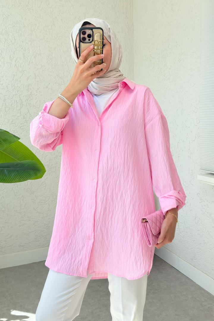 Düğmeli Tesettür Gömlek 613128 - PEMBE |  