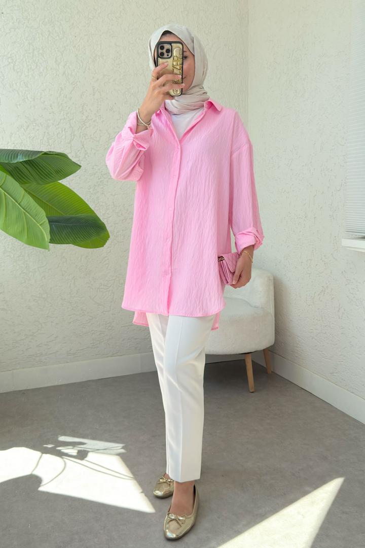 Düğmeli Tesettür Gömlek 613128 - PEMBE |  