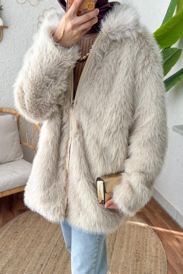4107 Premium Suni Kürk Mont - Taş Rengi |  