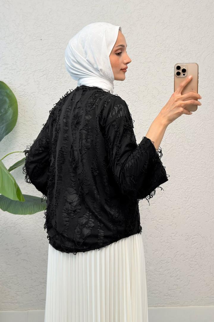 Yırtık Püsküllü Kimono 2314 - SİYAH |  