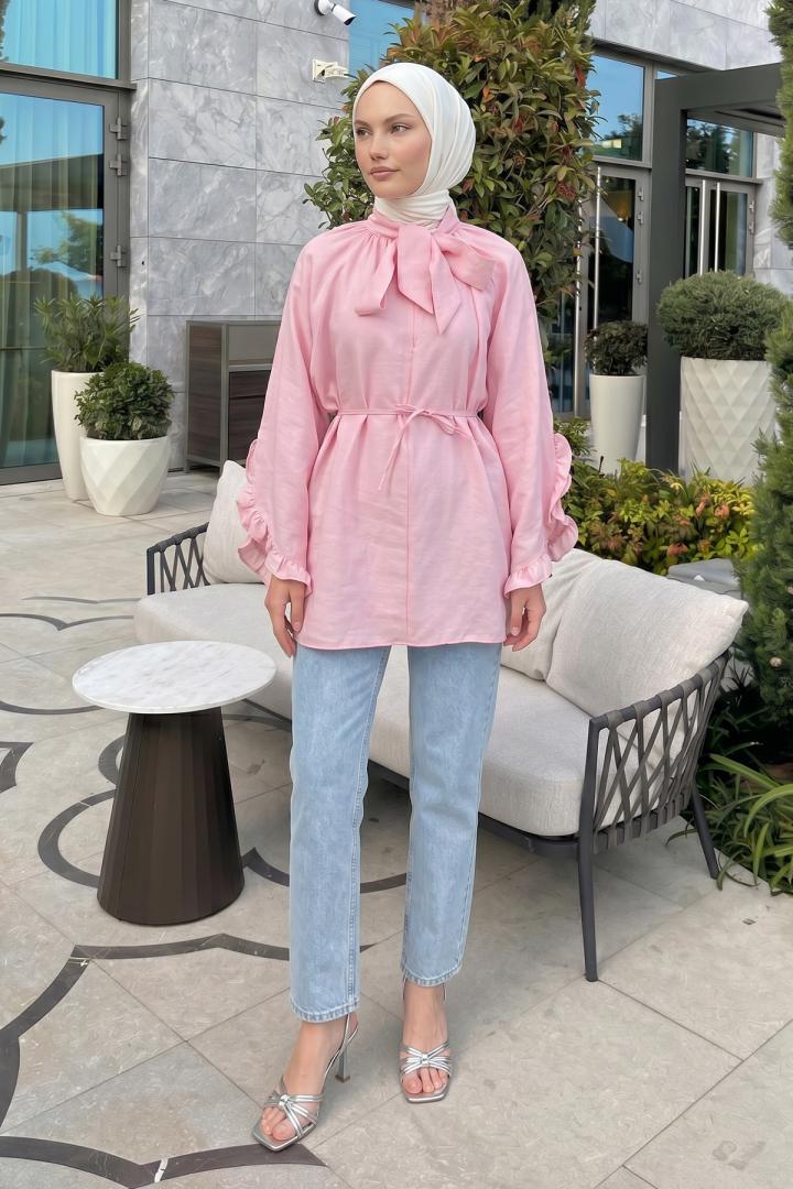 Yaka Bağlamalı Tunik Y0059 - AÇIK PEMBE | Salih Çelebi 