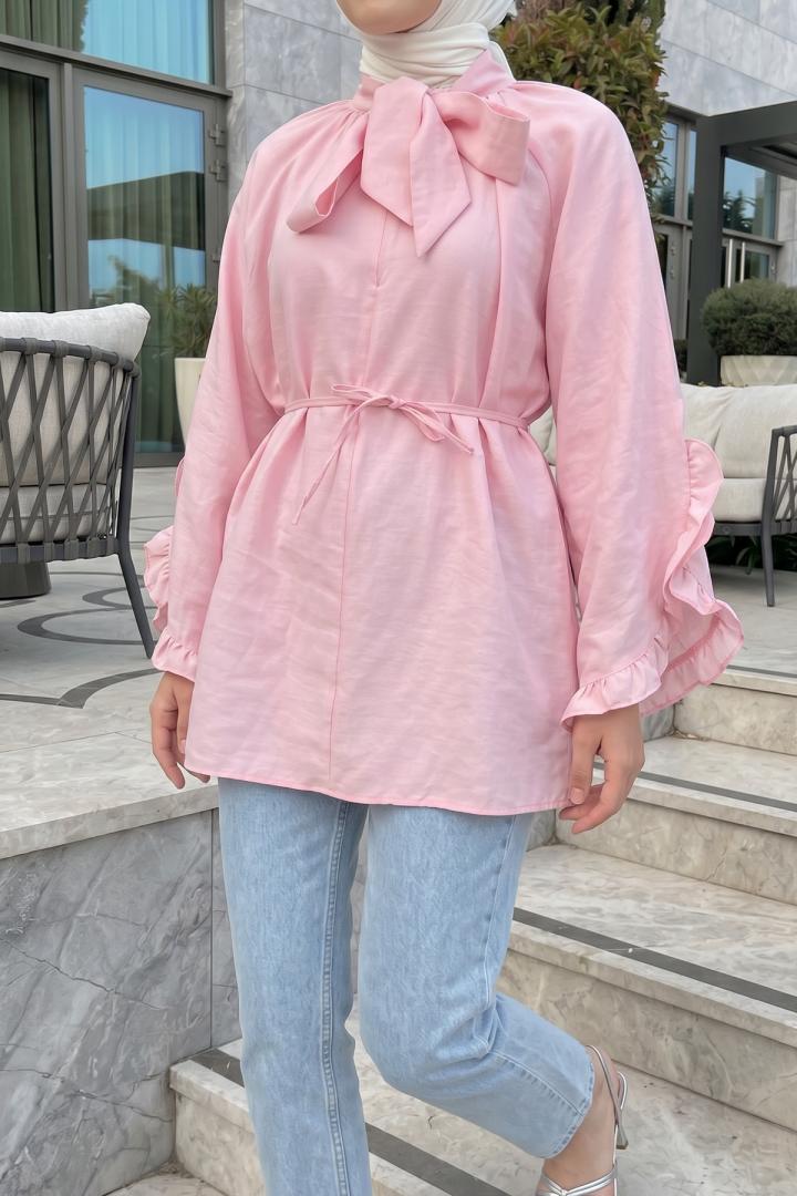 Yaka Bağlamalı Tunik Y0059 - AÇIK PEMBE | Salih Çelebi 