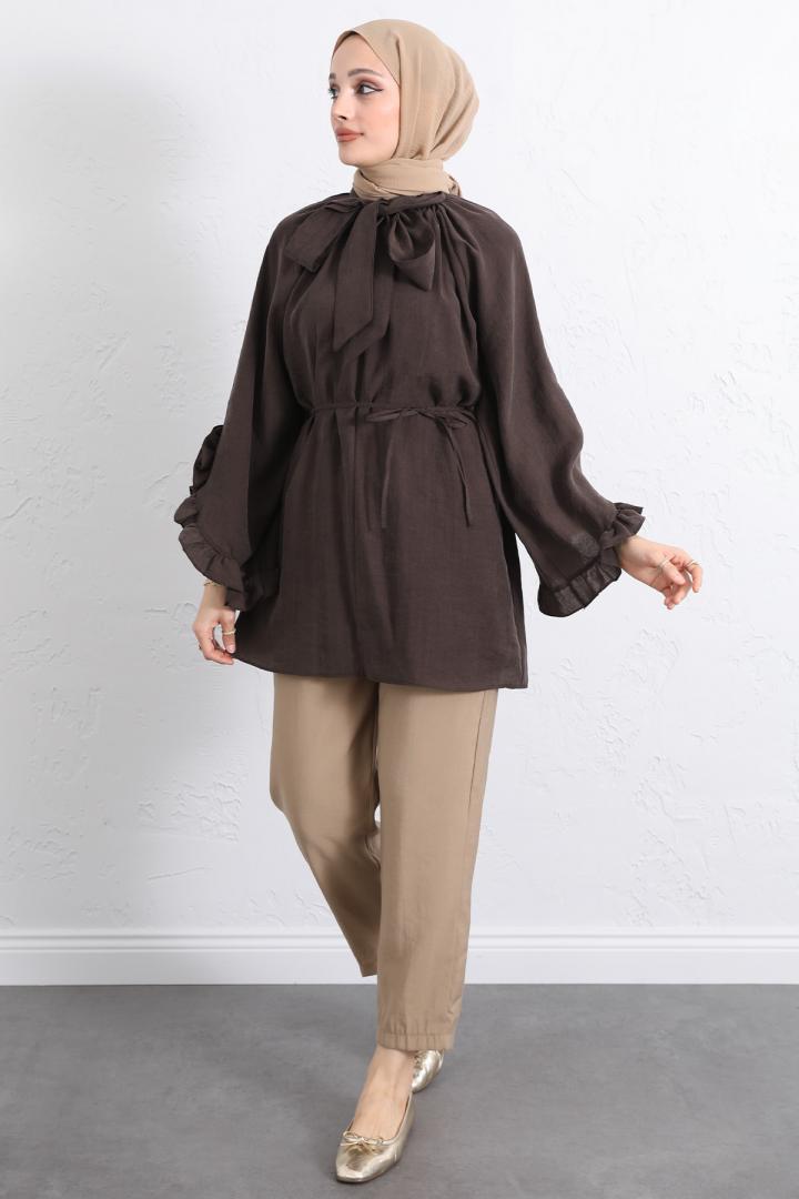 Yaka Bağlamalı Tunik Y0059 - KAHVERENGİ |  