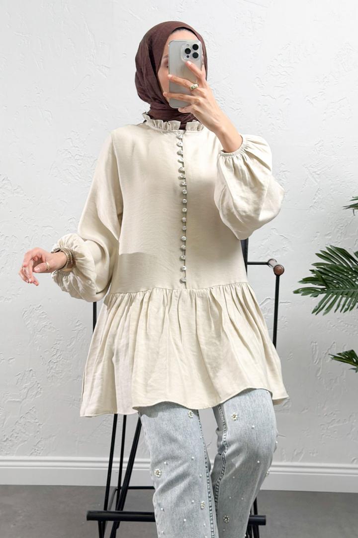 Brit Düğmeli Peplum Tunik Y0082 - EKRU |  