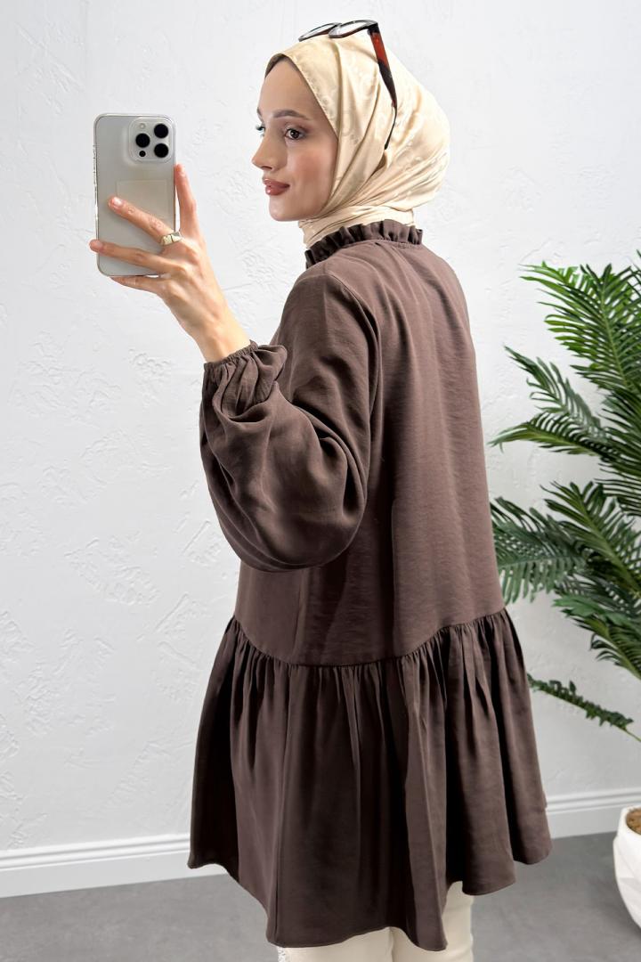 Brit Düğmeli Peplum Tunik Y0082 - KAHVERENGİ |  