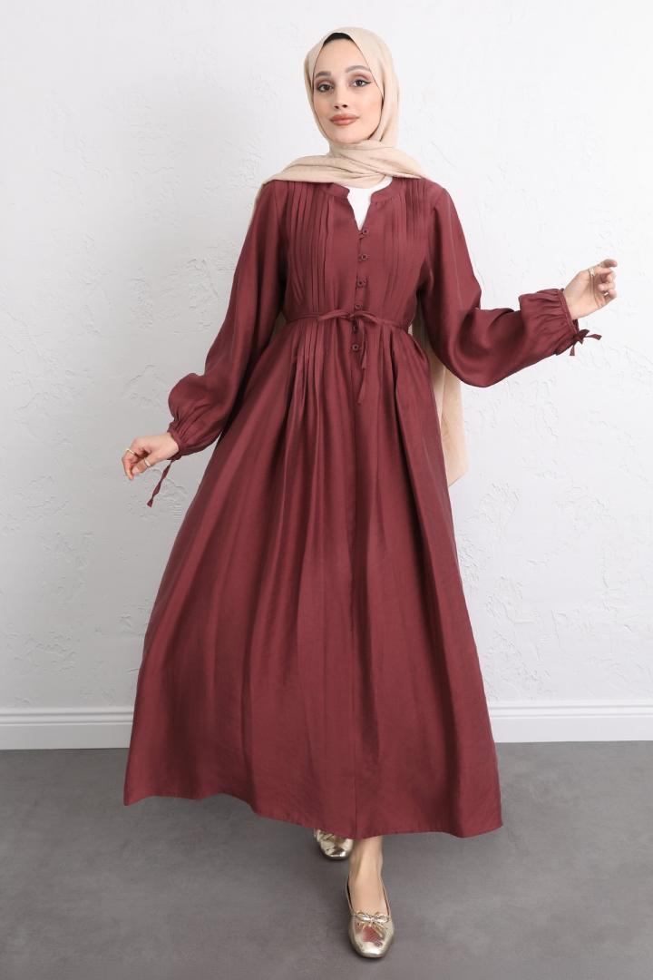 Önü Nervürlü Elbise Y0094 - BORDO |  