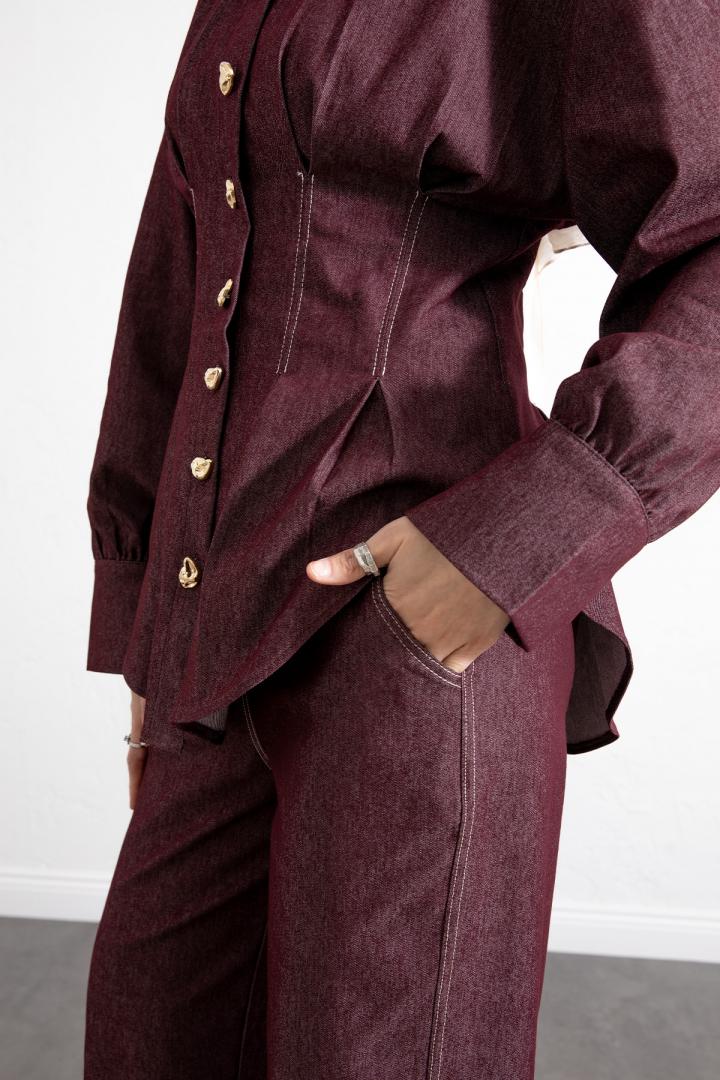 Belden Pileli Denim Takım Y0097 - BORDO |  