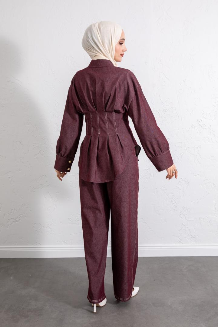 Belden Pileli Denim Takım Y0097 - BORDO |  