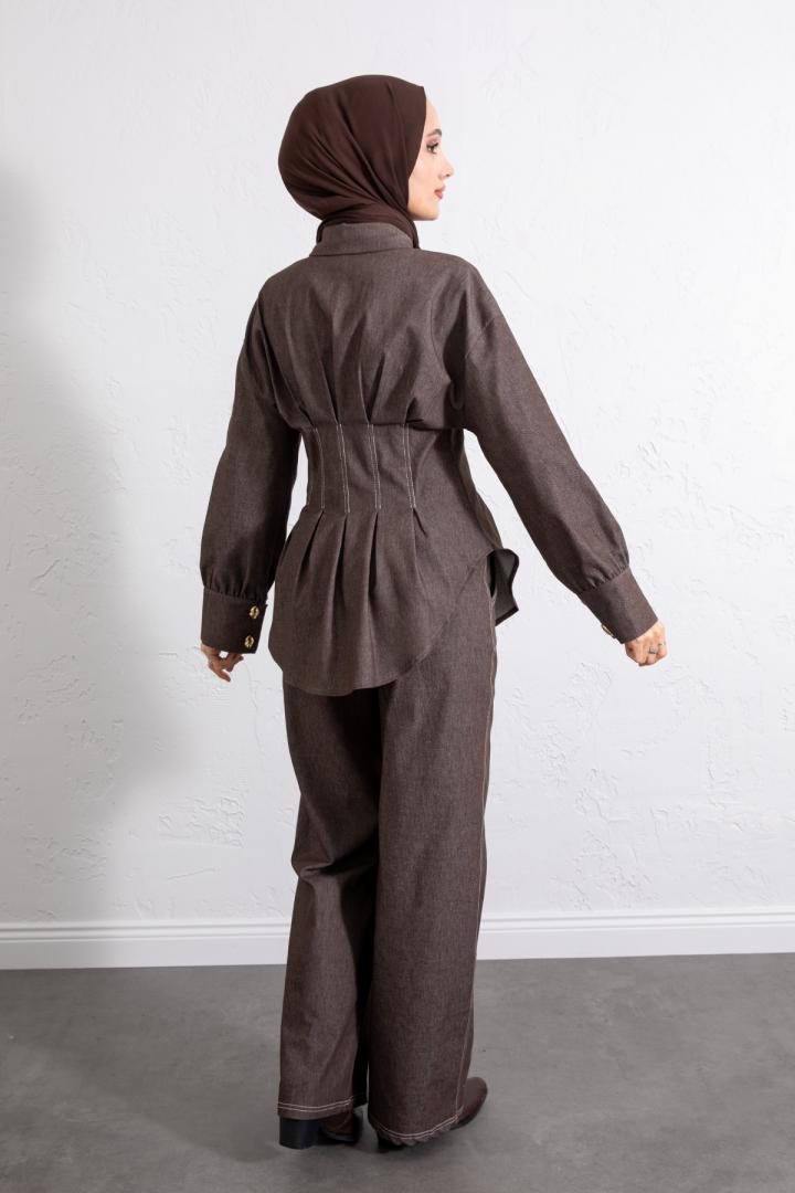 Belden Pileli Denim Takım Y0097 - KAHVERENGİ |  