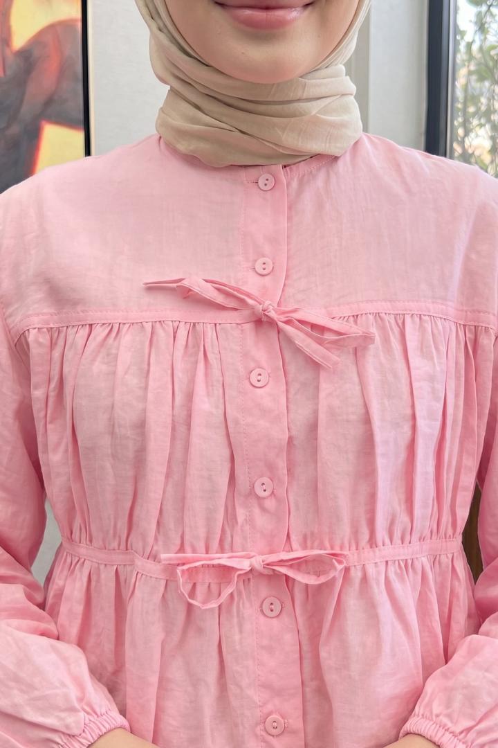 Çift Bağcıklı Büzgülü Gömlek Y0099 - AÇIK PEMBE |  