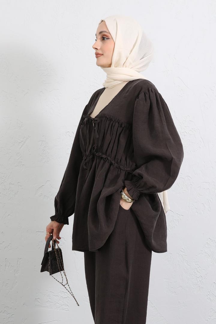 Önü Büzgülü Kimono Takım Y0102 - KAHVERENGİ |  