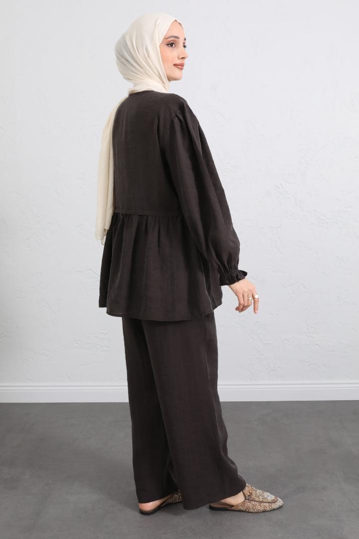 Önü Büzgülü Kimono Takım Y0102 - KAHVERENGİ |  