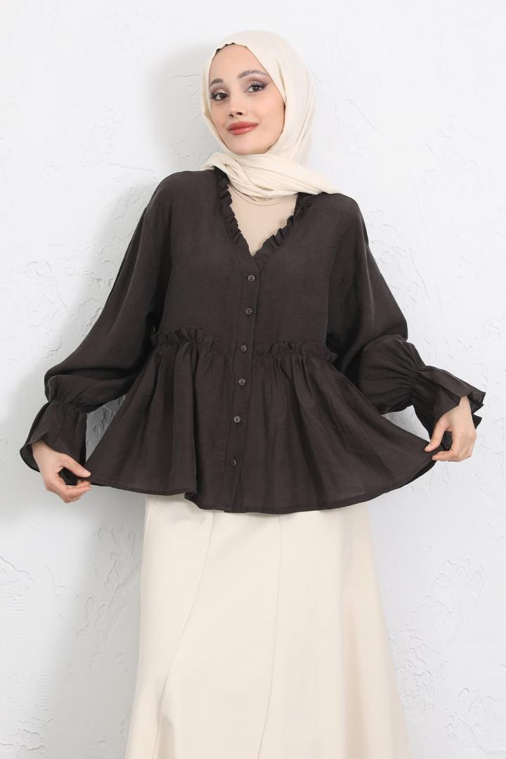 Fırfır Yaka Peplum Gömlek Y0107 - KAHVERENGİ |  
