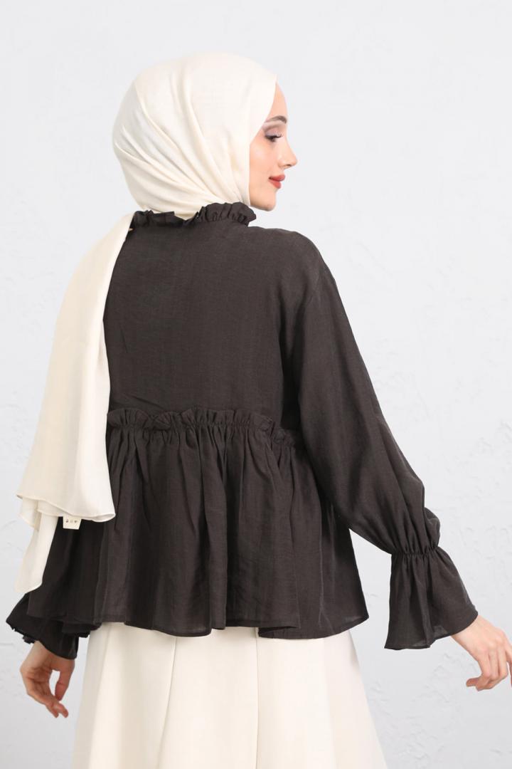 Fırfır Yaka Peplum Gömlek Y0107 - KAHVERENGİ |  