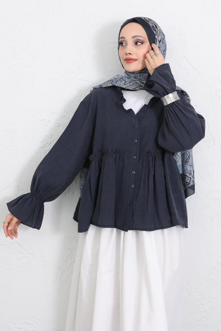 Fırfır Yaka Peplum Gömlek Y0107 - LACİVERT |  