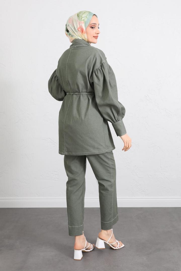 Yaka Bağlamalı Denim Takım Y0114 - HAKİ |  