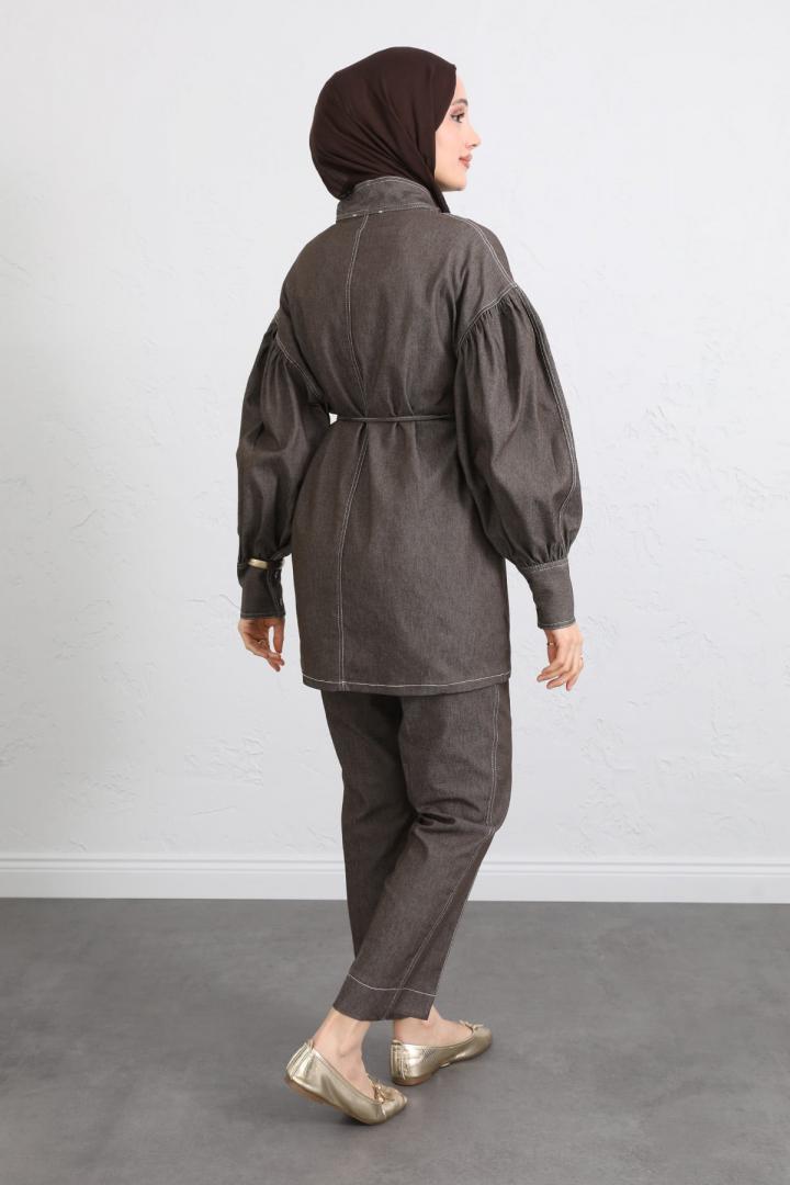 Yaka Bağlamalı Denim Takım Y0114 - KAHVERENGİ |  