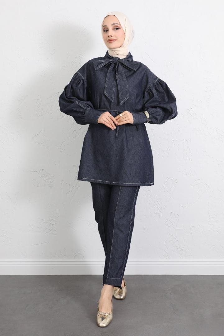 Yaka Bağlamalı Denim Takım Y0114 - LACİVERT |  