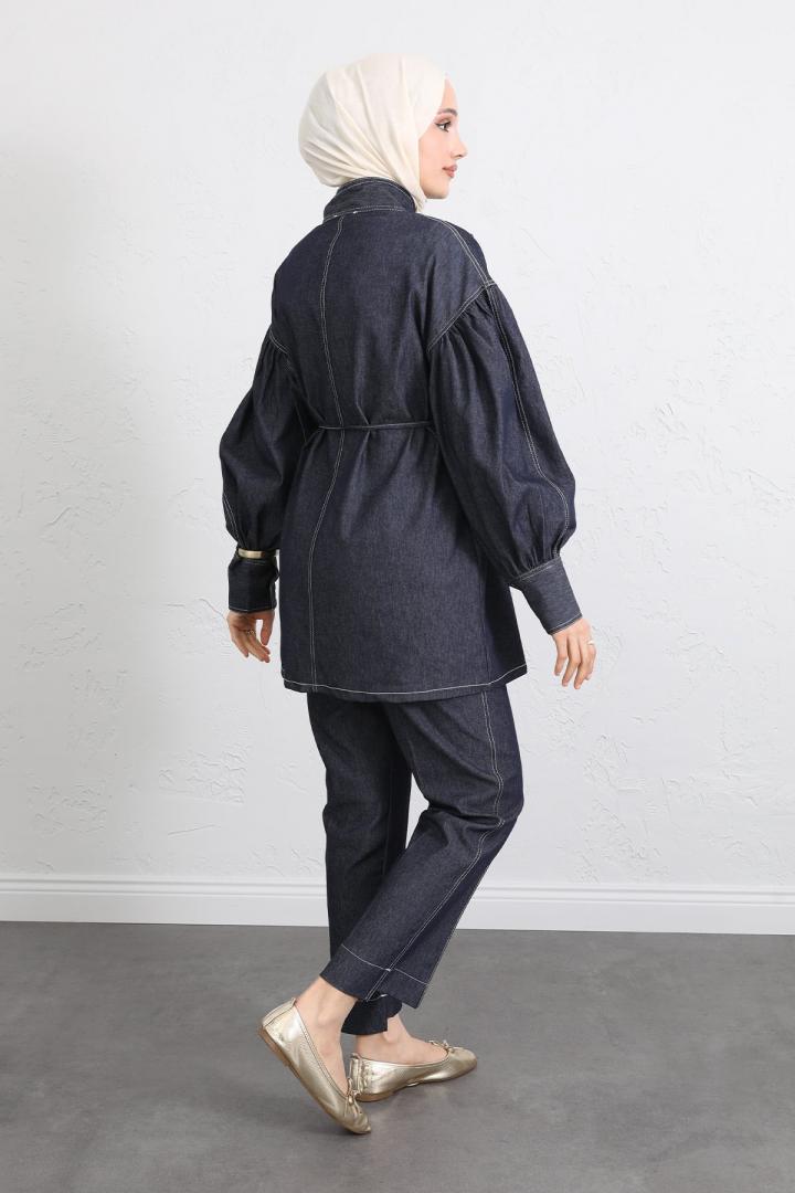 Yaka Bağlamalı Denim Takım Y0114 - LACİVERT |  