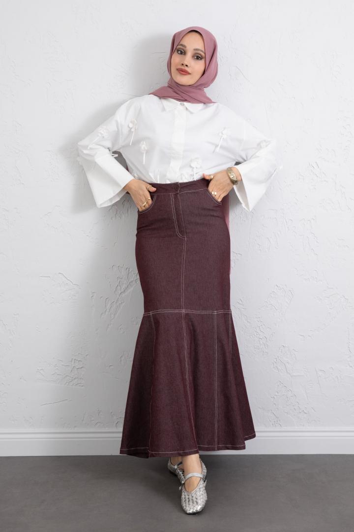 Kontrast Dikişli Denim Etek Y0115 - BORDO |  
