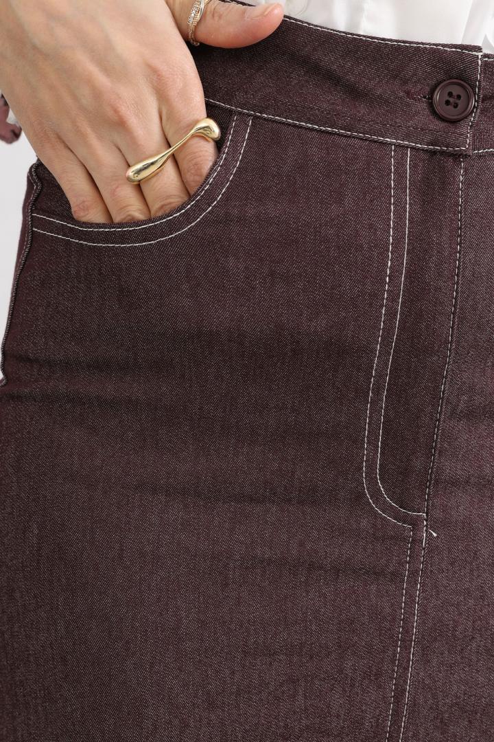 Kontrast Dikişli Denim Etek Y0115 - BORDO |  
