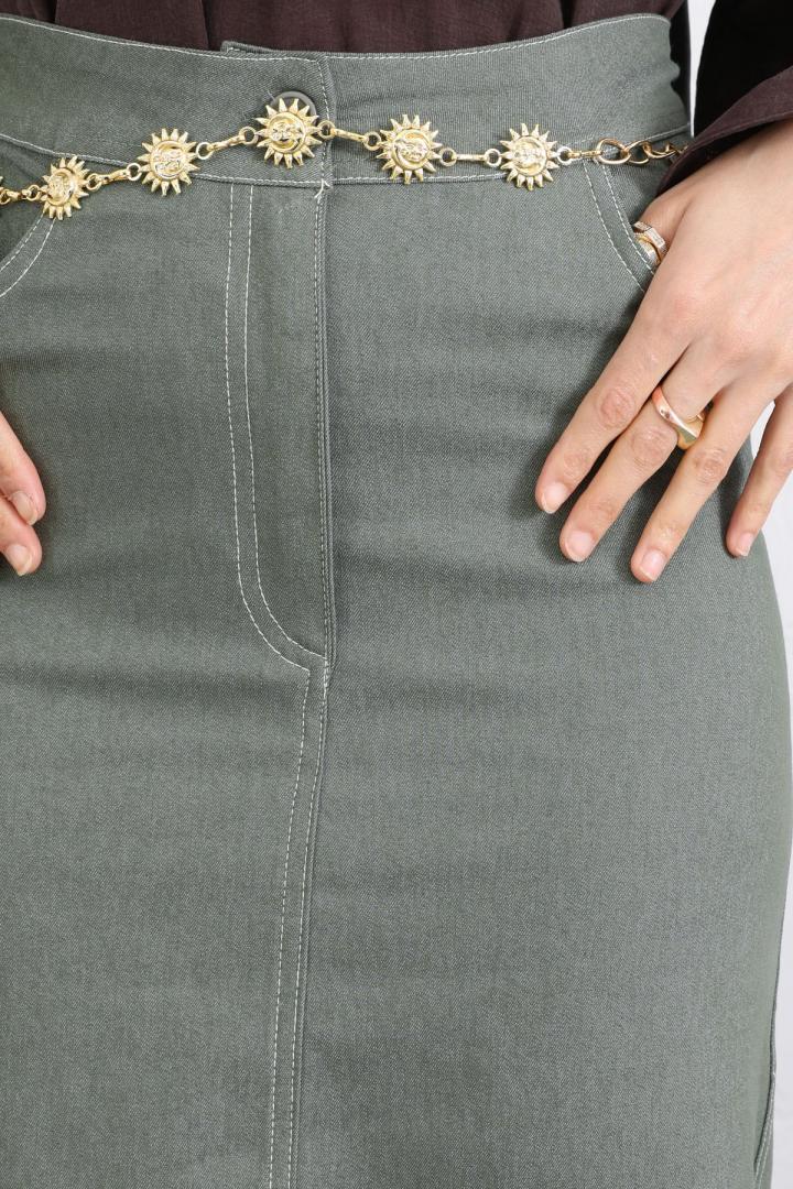 Kontrast Dikişli Denim Etek Y0115 - HAKİ |  